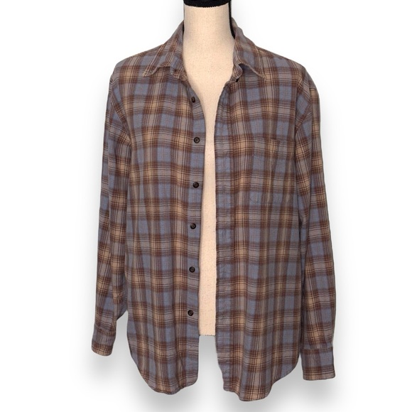Arrow Blue Jeans Co. Brown & Blue Plaid Button Down Long Sleeve Flannel Size L - Picture 1 of 16